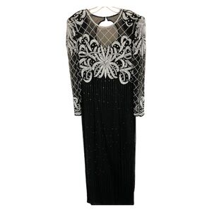 Beaded Silk Laurence Kazar Evening Gown Size Medium STUNNING Dress! Black White